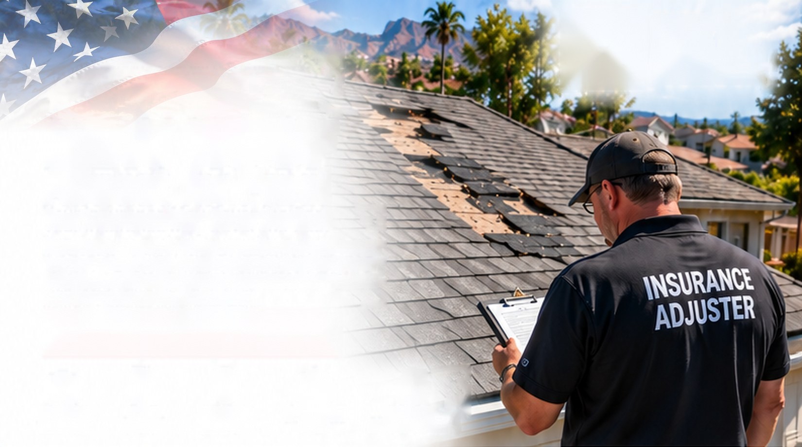 Insurance adjuster inspecting a storm-damaged shingle roof in Los Angeles &mdash; Free Roof Program Los Angeles