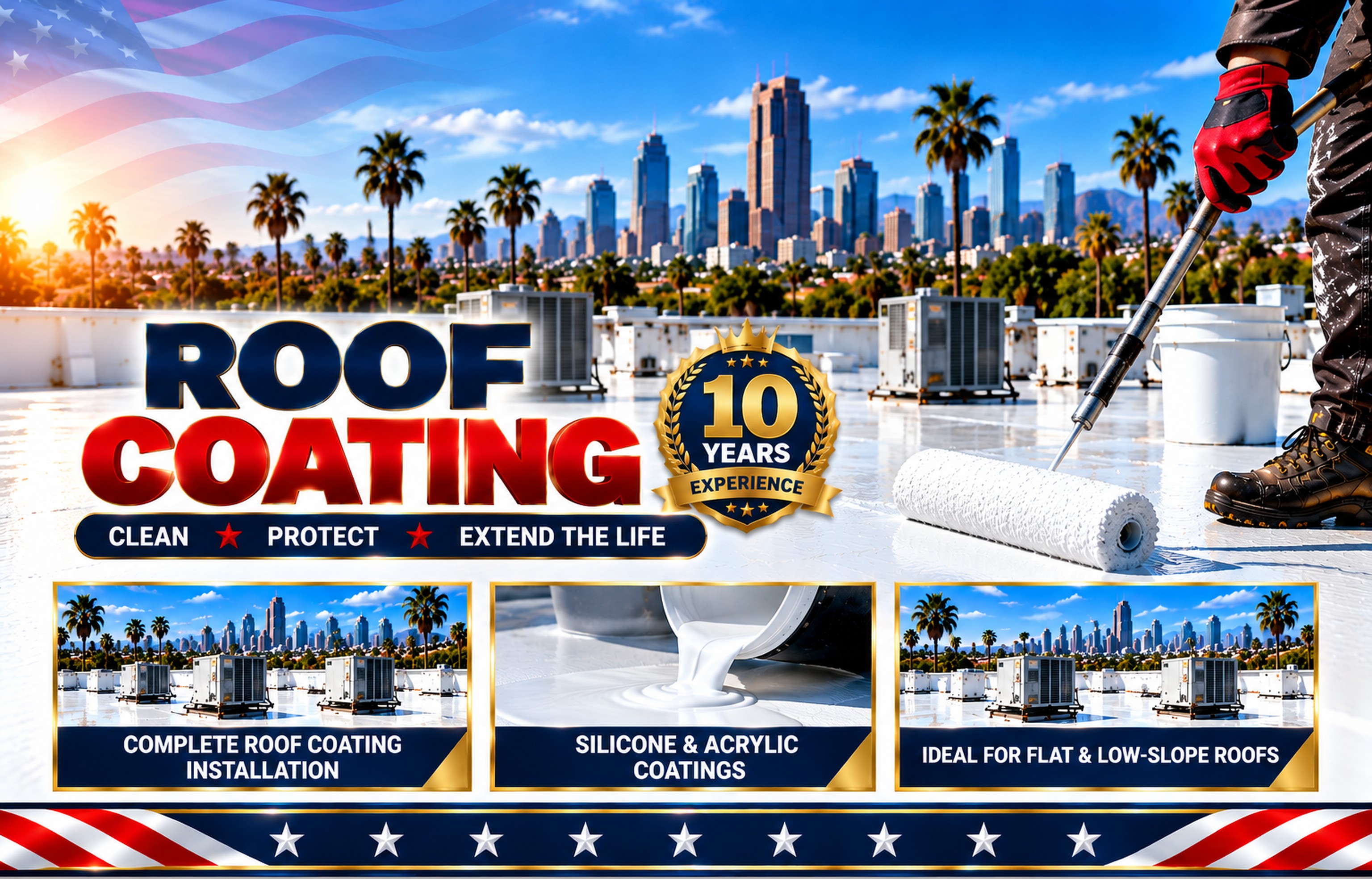 Roofer spraying silicone coating over a flat commercial roof in Porter Ranch