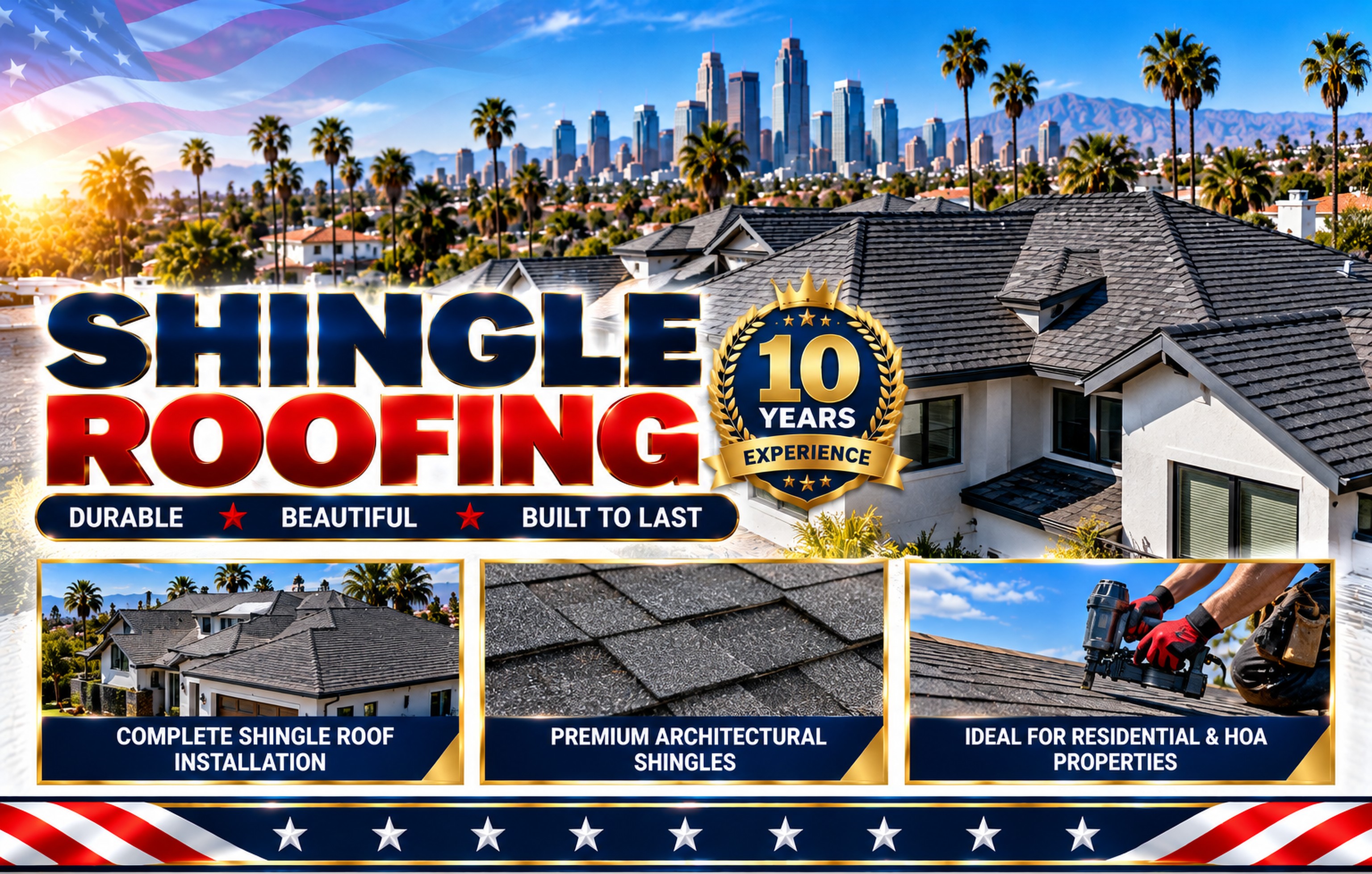 Shingle roof above the Alhambra skyline at sunrise &mdash; Shingle Roofing Alhambra