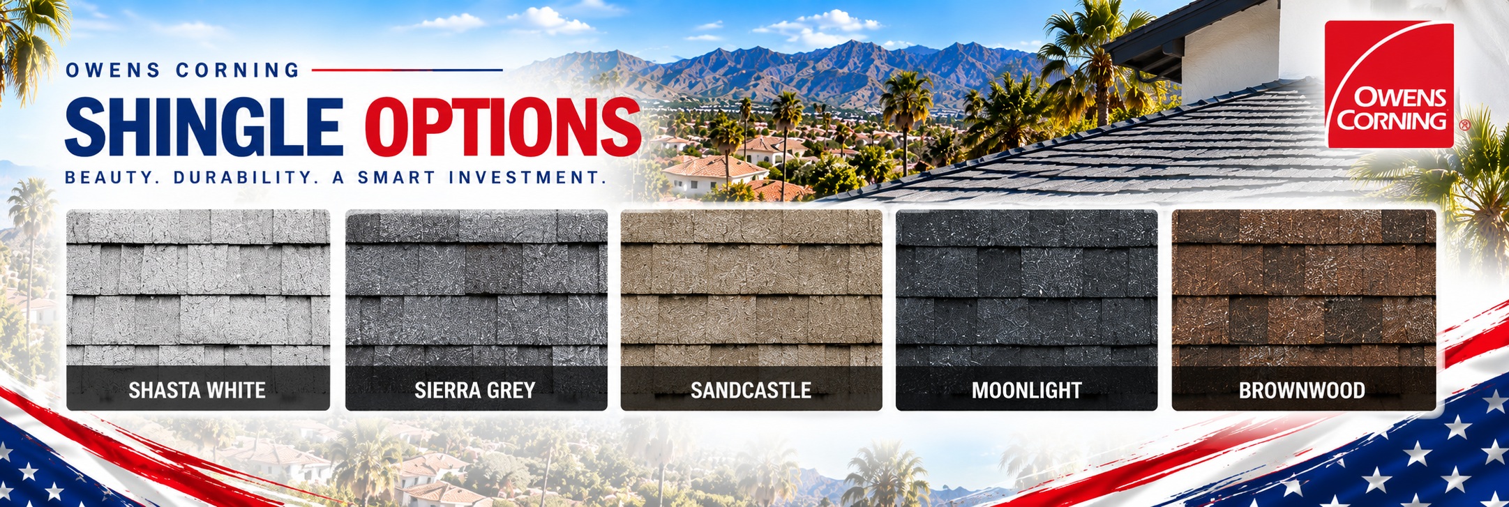 Owens Corning shingle options &mdash; Shasta White, Sierra Grey, Sandcastle, Moonlight and Brownwood &mdash; Shingle Roofing Alhambra