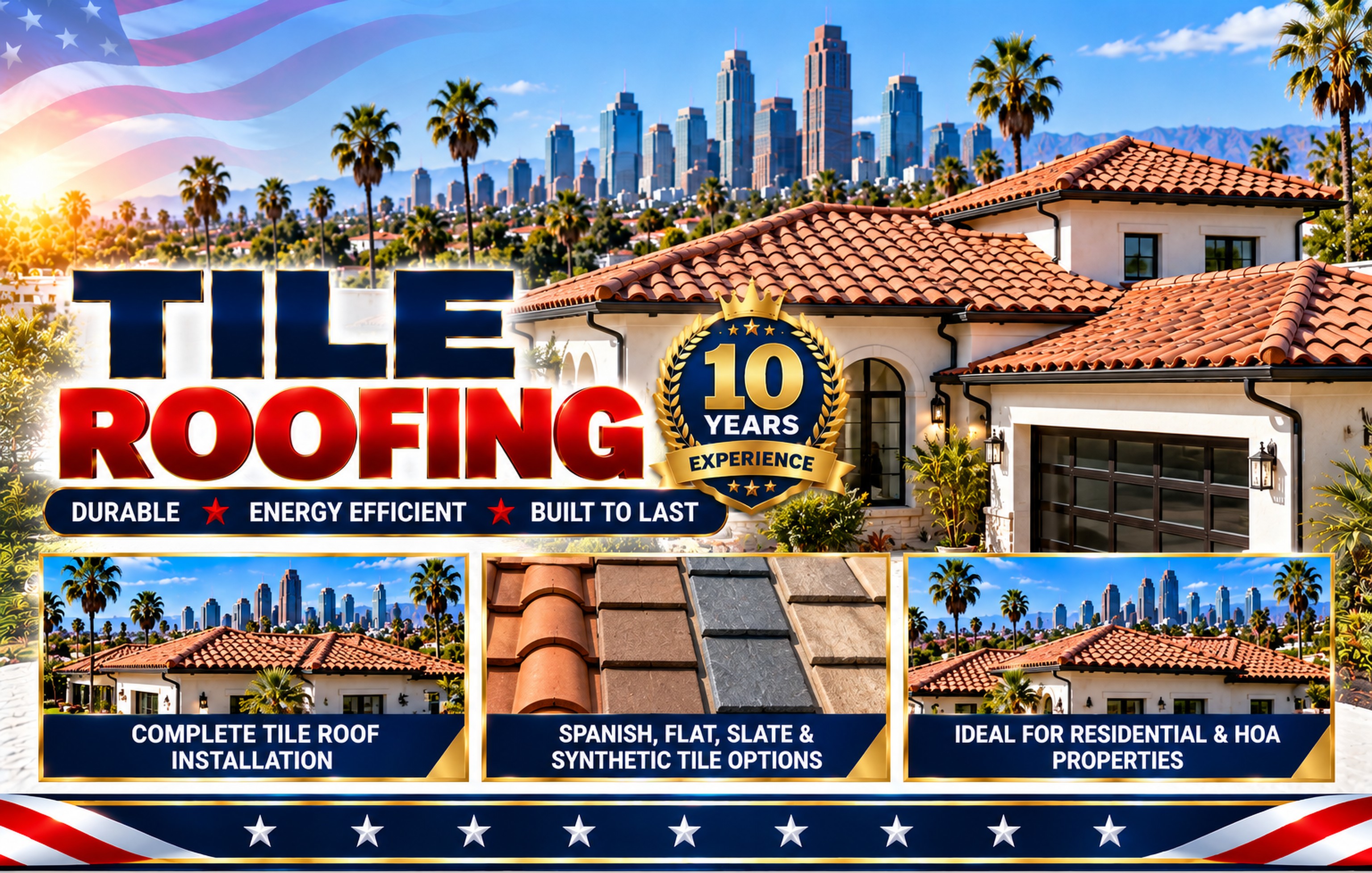 Terracotta tile roof on a Mediterranean home overlooking the Los Angeles skyline &mdash; Tile Roofing Los Angeles