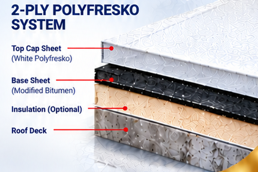 White Polyfresko system: white Polyfresko top cap sheet, modified bitumen base sheet, optional insulation and roof deck &mdash; Los Angeles Roofing