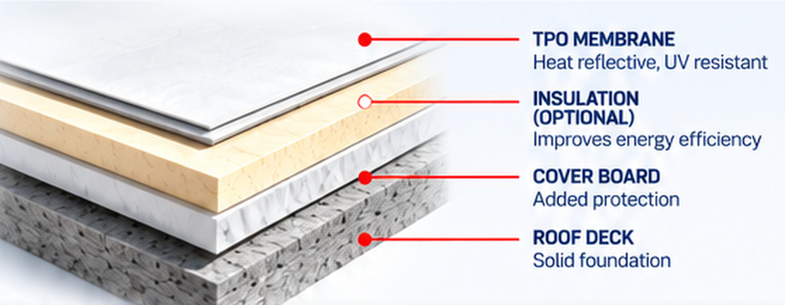TPO roofing system layers: membrane, optional insulation, cover board and roof deck &mdash; TPO Roofing Los Angeles